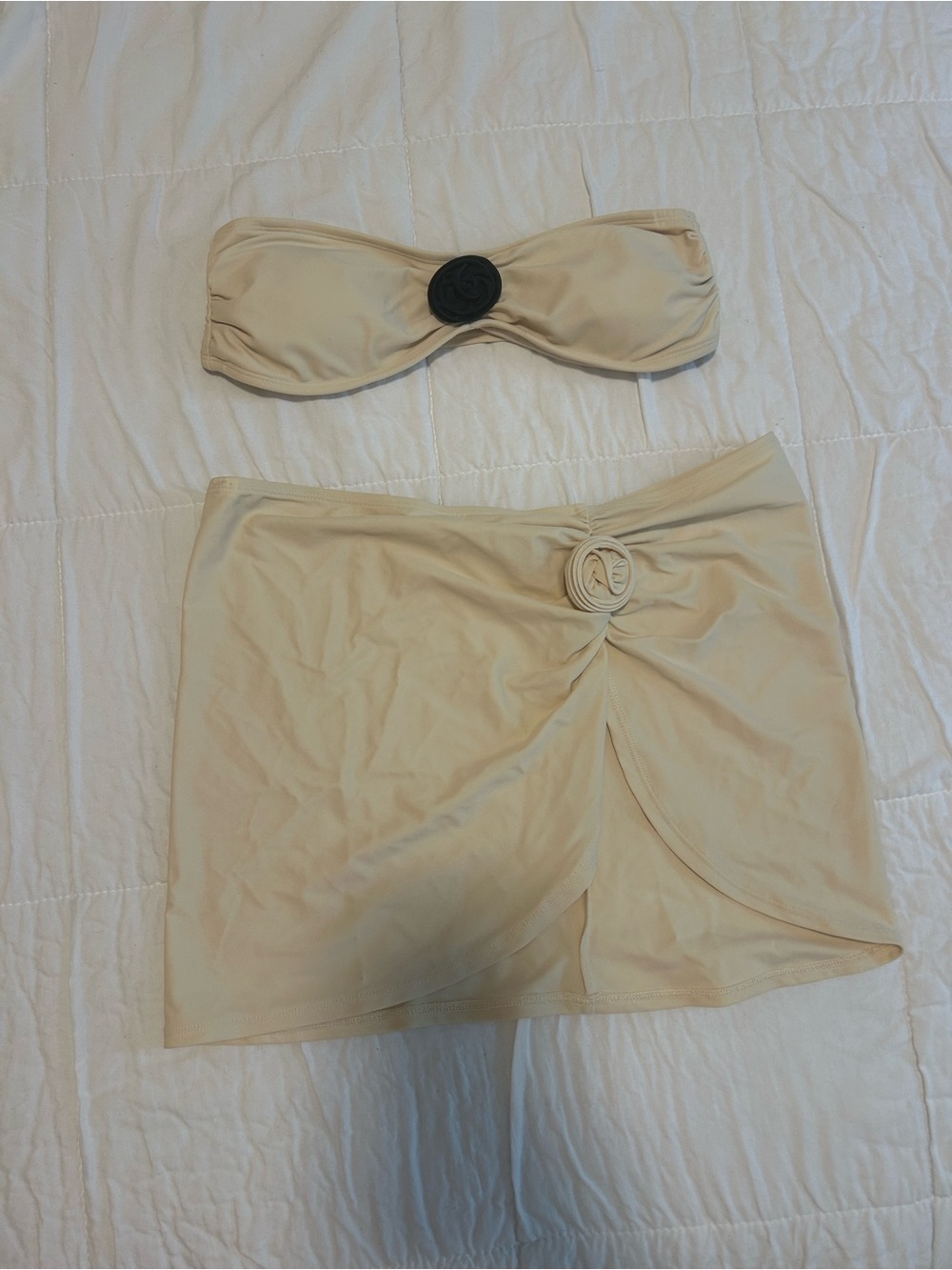 Forever 21 Beige Strapless Top and Mini Skirt with Rosette Detail